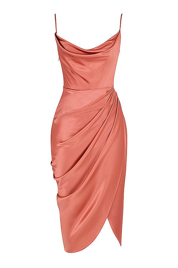 Women’s Midi Dress – Cowl Neck – Spaghetti Straps – High Slit – Draped Waist Detail