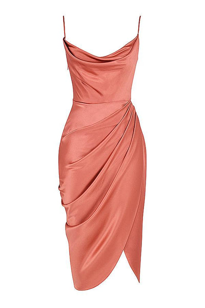 Women’s Midi Dress – Cowl Neck – Spaghetti Straps – High Slit – Draped Waist Detail