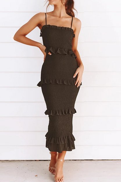 Women's Midi Dress - Strapless Smocked Fit - Spaghetti Straps - Tiered Ruffle Detail