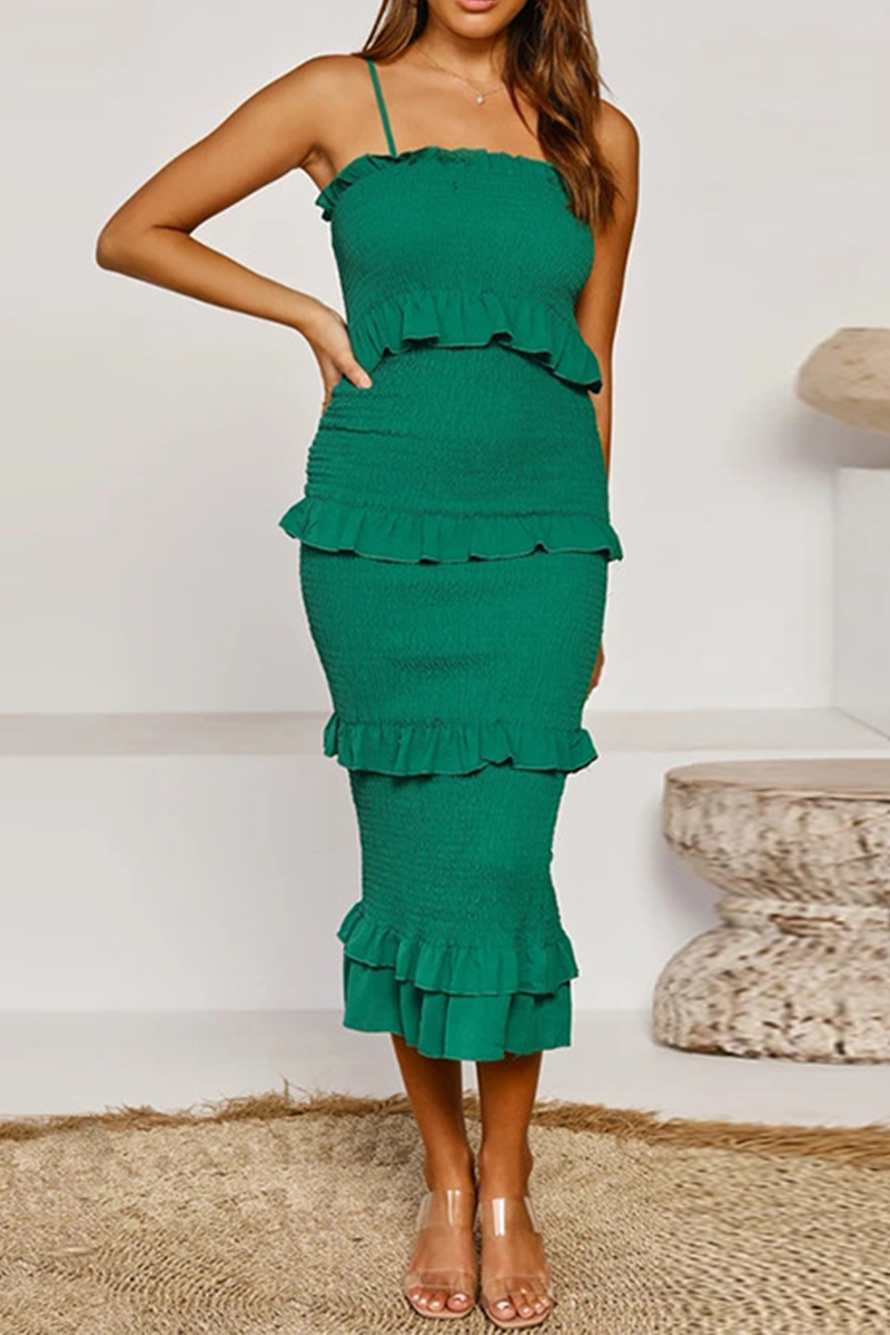 Women's Midi Dress - Strapless Smocked Fit - Spaghetti Straps - Tiered Ruffle Detail