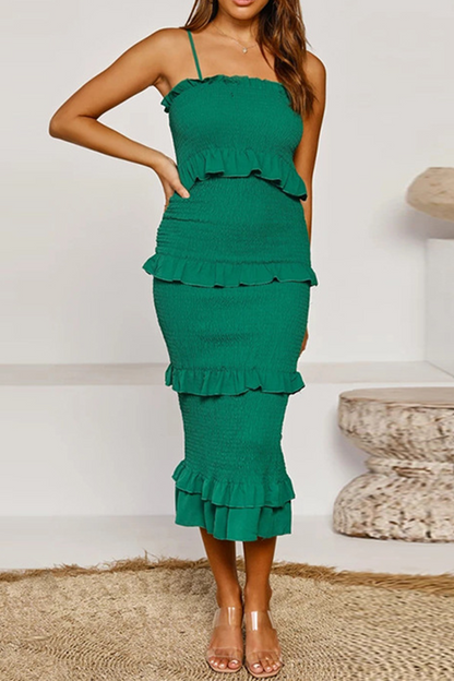 Women's Midi Dress - Strapless Smocked Fit - Spaghetti Straps - Tiered Ruffle Detail