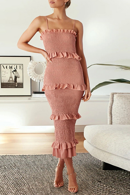 Women's Midi Dress - Strapless Smocked Fit - Spaghetti Straps - Tiered Ruffle Detail