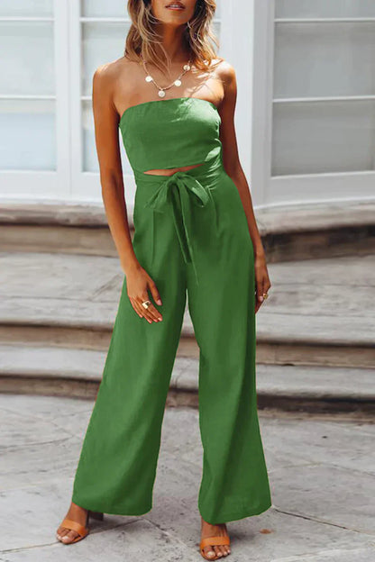 Women's Strapless Jumpsuit - Bandeau Top - Wide Leg - Adjustable Waist Tie