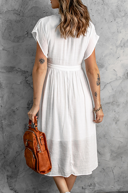 Women's V-Neck Button-Down Dress - Short Cap Sleeves - Cinched Waist - Flowy Knee-Length