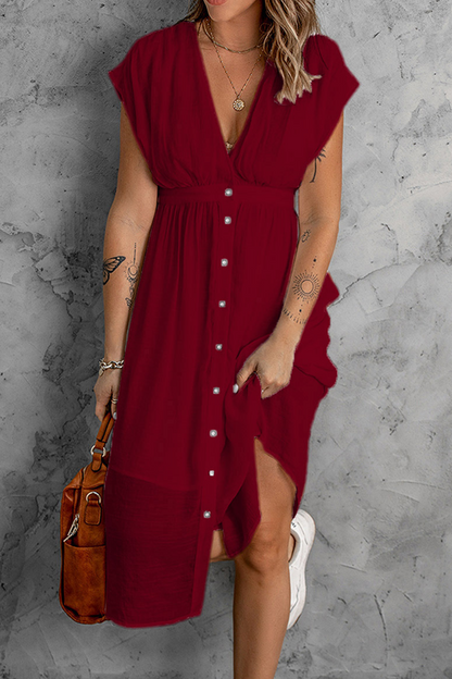 Women's V-Neck Button-Down Dress - Short Cap Sleeves - Cinched Waist - Flowy Knee-Length