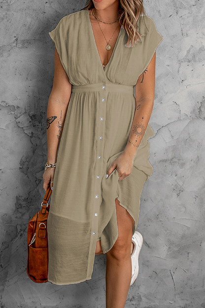 Women's V-Neck Button-Down Dress - Short Cap Sleeves - Cinched Waist - Flowy Knee-Length