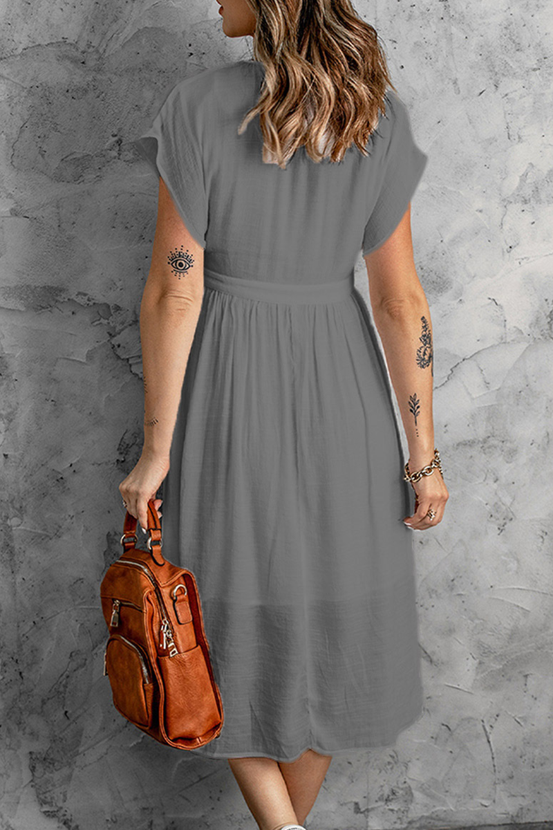 Women's V-Neck Button-Down Dress - Short Cap Sleeves - Cinched Waist - Flowy Knee-Length