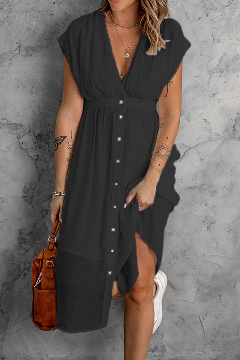 Women's V-Neck Button-Down Dress - Short Cap Sleeves - Cinched Waist - Flowy Knee-Length