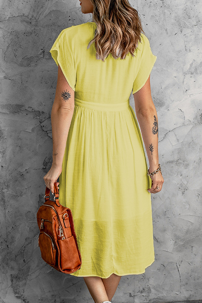 Women's V-Neck Button-Down Dress - Short Cap Sleeves - Cinched Waist - Flowy Knee-Length