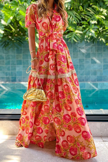 Lieke - elegante bohemian maxi jurk met bloemenprint en korte mouwen