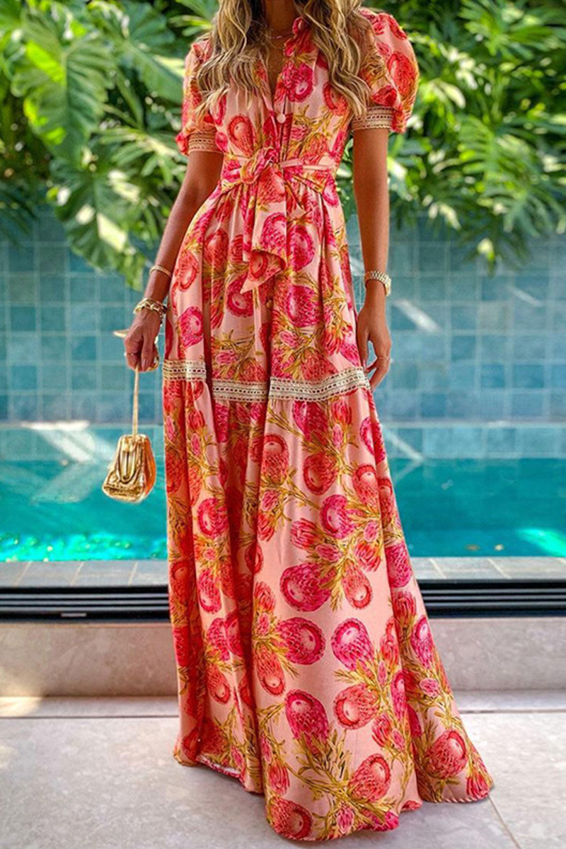 Lieke - elegante bohemian maxi jurk met bloemenprint en korte mouwen