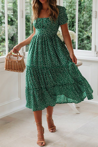 Women's Midi Dress - Square Neck - Short Sleeve - Tiered A-Line Silhouette - Polka Dot Pattern