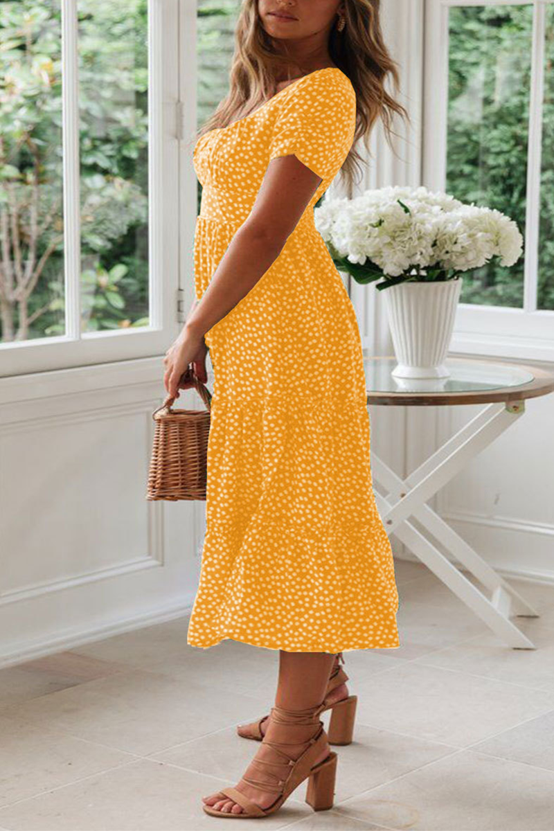 Women's Midi Dress - Square Neck - Short Sleeve - Tiered A-Line Silhouette - Polka Dot Pattern