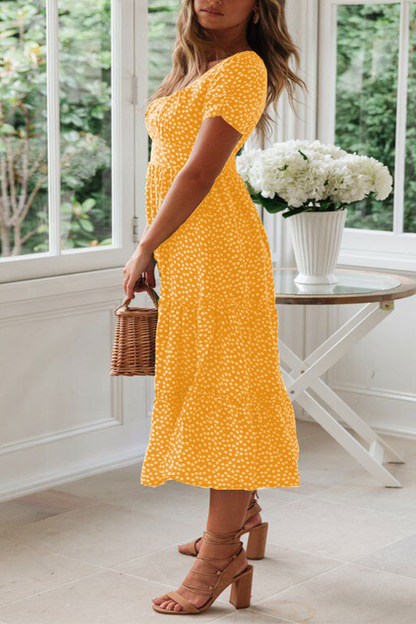 Women's Midi Dress - Square Neck - Short Sleeve - Tiered A-Line Silhouette - Polka Dot Pattern