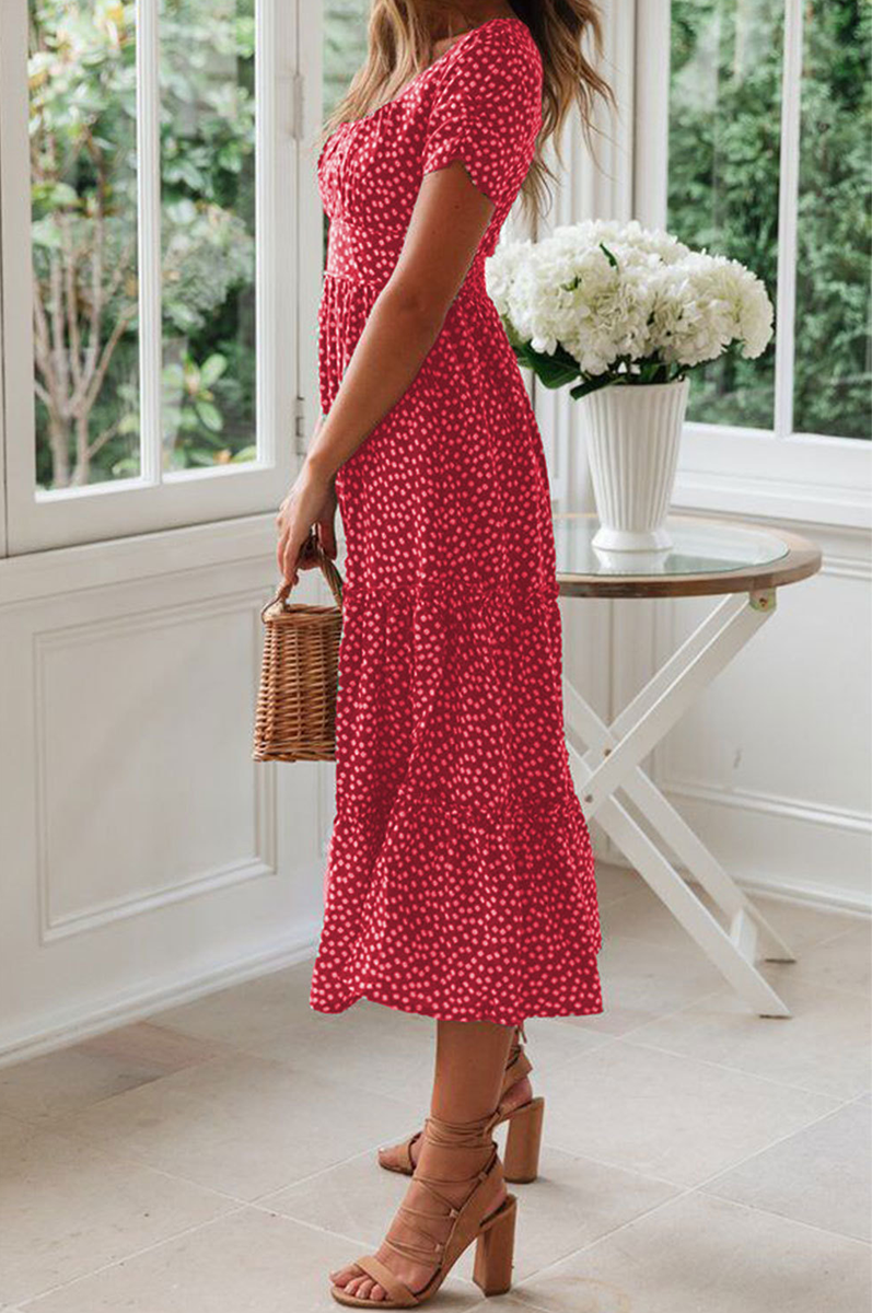 Women's Midi Dress - Square Neck - Short Sleeve - Tiered A-Line Silhouette - Polka Dot Pattern