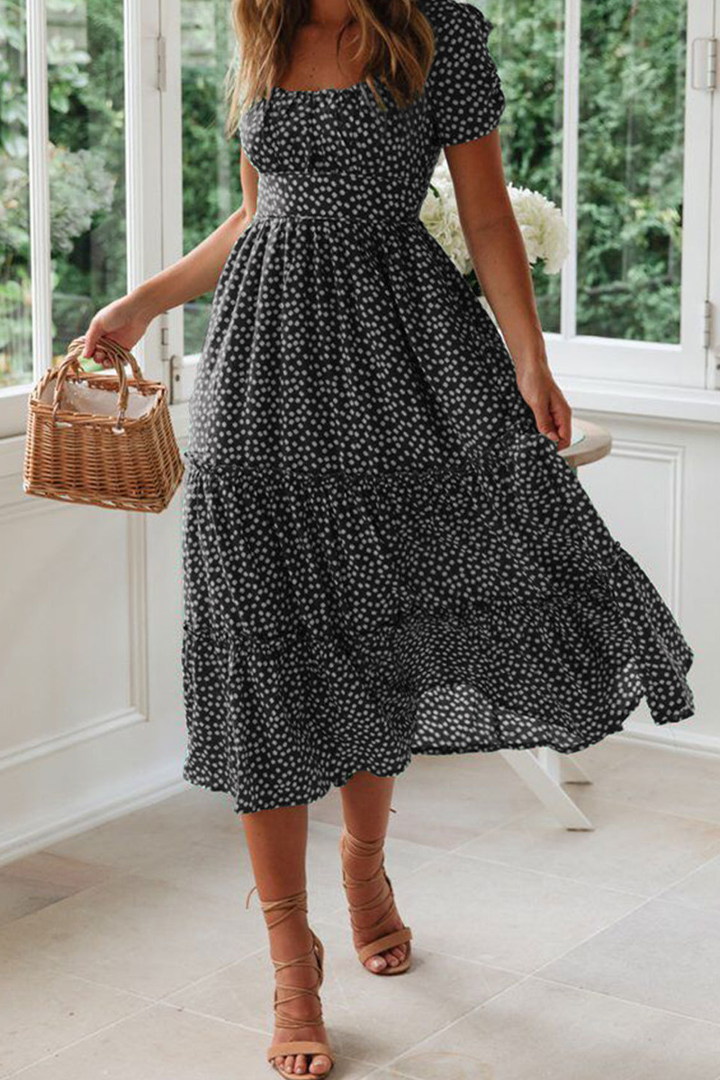 Women's Midi Dress - Square Neck - Short Sleeve - Tiered A-Line Silhouette - Polka Dot Pattern