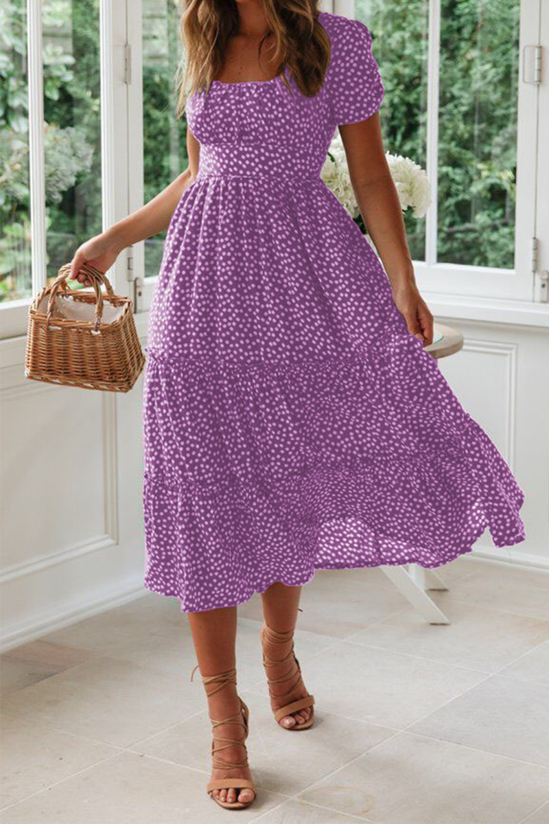Women's Midi Dress - Square Neck - Short Sleeve - Tiered A-Line Silhouette - Polka Dot Pattern