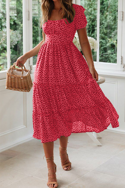 Women's Midi Dress - Square Neck - Short Sleeve - Tiered A-Line Silhouette - Polka Dot Pattern