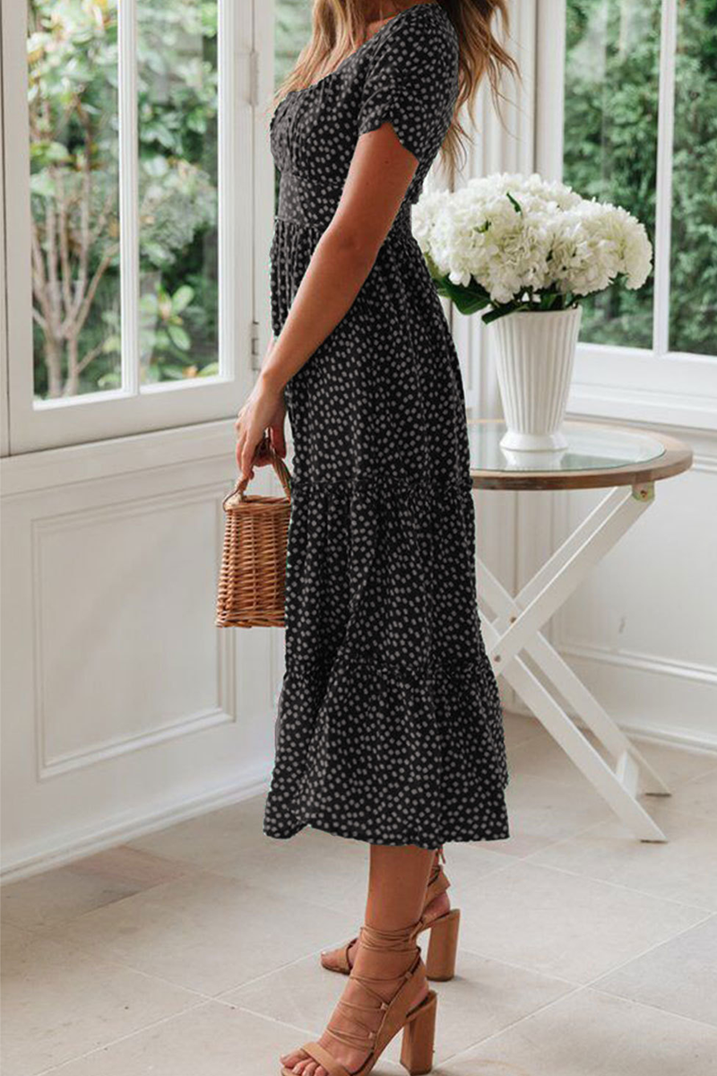 Women's Midi Dress - Square Neck - Short Sleeve - Tiered A-Line Silhouette - Polka Dot Pattern