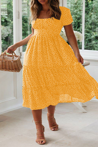 Women's Midi Dress - Square Neck - Short Sleeve - Tiered A-Line Silhouette - Polka Dot Pattern