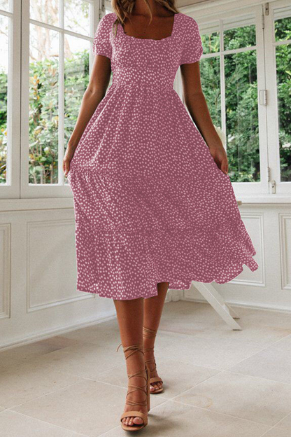 Women's Midi Dress - Square Neck - Short Sleeve - Tiered A-Line Silhouette - Polka Dot Pattern