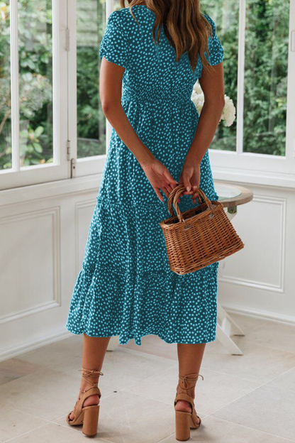 Women's Midi Dress - Square Neck - Short Sleeve - Tiered A-Line Silhouette - Polka Dot Pattern