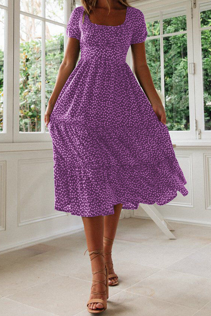 Women's Midi Dress - Square Neck - Short Sleeve - Tiered A-Line Silhouette - Polka Dot Pattern