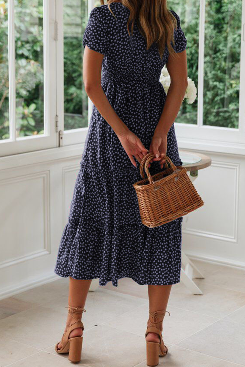 Women's Midi Dress - Square Neck - Short Sleeve - Tiered A-Line Silhouette - Polka Dot Pattern
