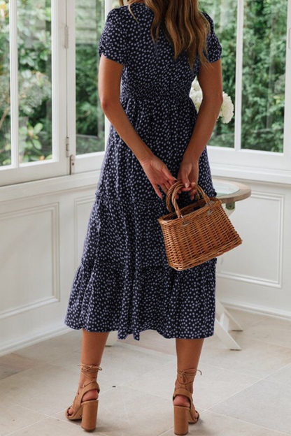 Women's Midi Dress - Square Neck - Short Sleeve - Tiered A-Line Silhouette - Polka Dot Pattern