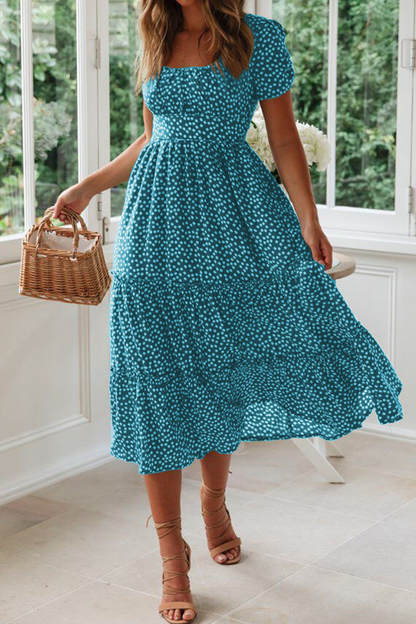 Women's Midi Dress - Square Neck - Short Sleeve - Tiered A-Line Silhouette - Polka Dot Pattern