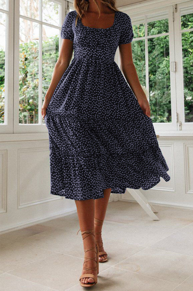 Women's Midi Dress - Square Neck - Short Sleeve - Tiered A-Line Silhouette - Polka Dot Pattern