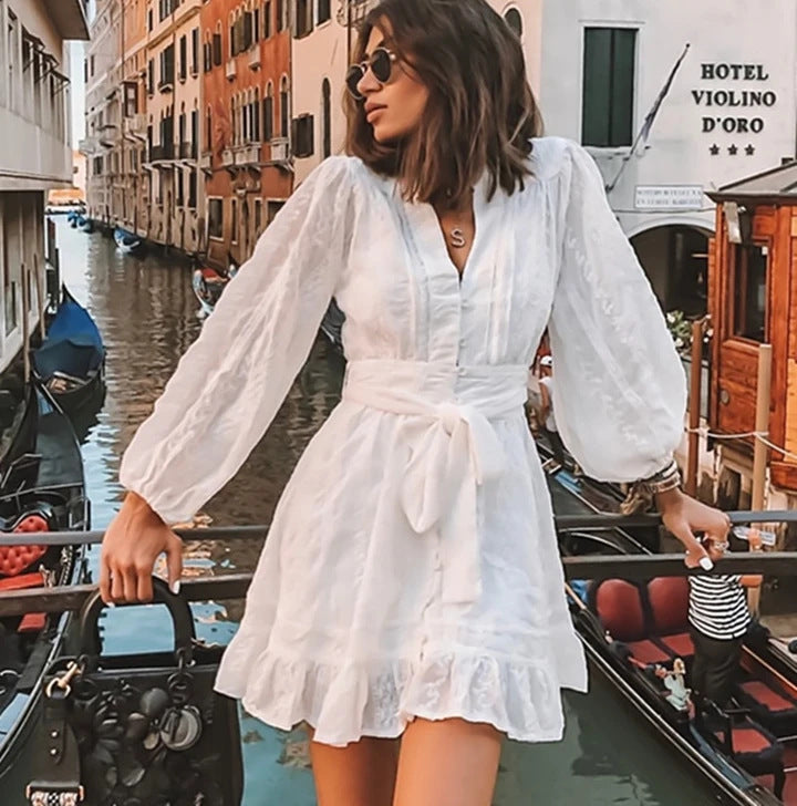 Women’s Mini Dress – Tie Waist – Ruffle Hem – Long Balloon Sleeves – Breathable Blend