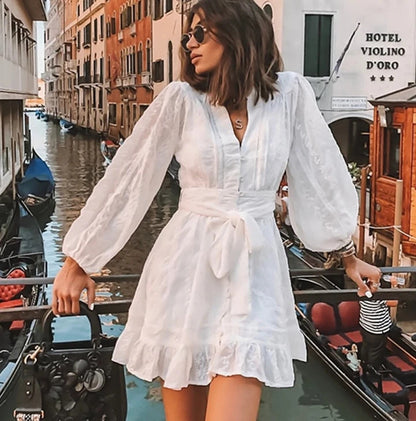 Women’s Mini Dress – Tie Waist – Ruffle Hem – Long Balloon Sleeves – Breathable Blend
