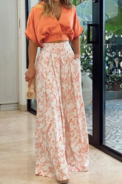 Women’s Two-Piece Set – Relaxed Fit Crop Top & High-Waist – Wide-Leg – Cotton Trousers