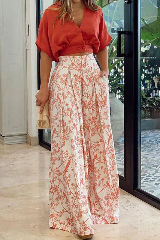 Women’s Two-Piece Set – Relaxed Fit Crop Top & High-Waist – Wide-Leg – Cotton Trousers