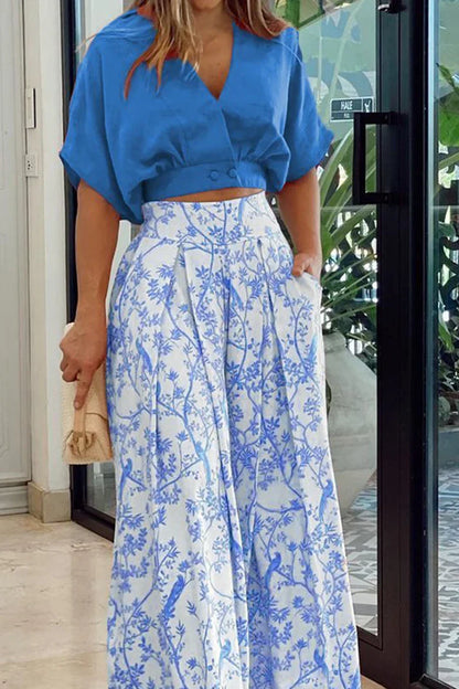 Women’s Two-Piece Set – Relaxed Fit Crop Top & High-Waist – Wide-Leg – Cotton Trousers