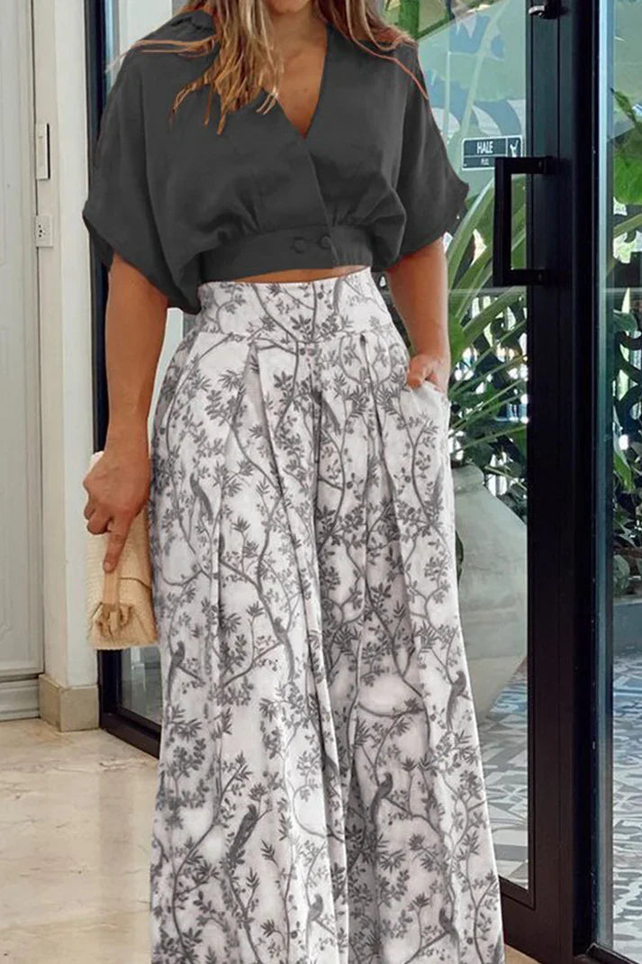 Women’s Two-Piece Set – Relaxed Fit Crop Top & High-Waist – Wide-Leg – Cotton Trousers
