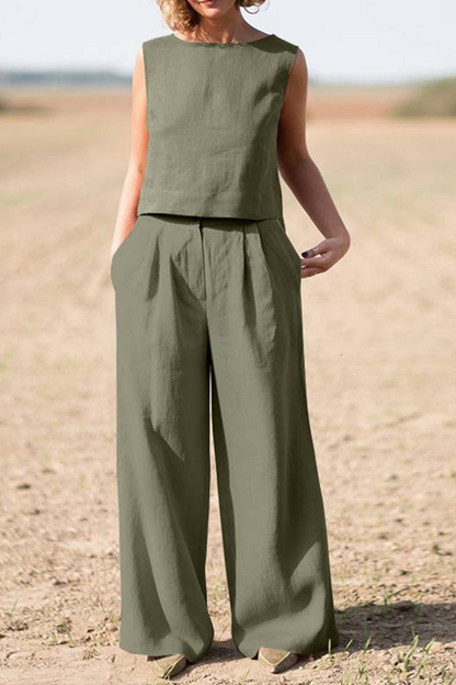 Womens casual loose round neck top + wide-leg pants set