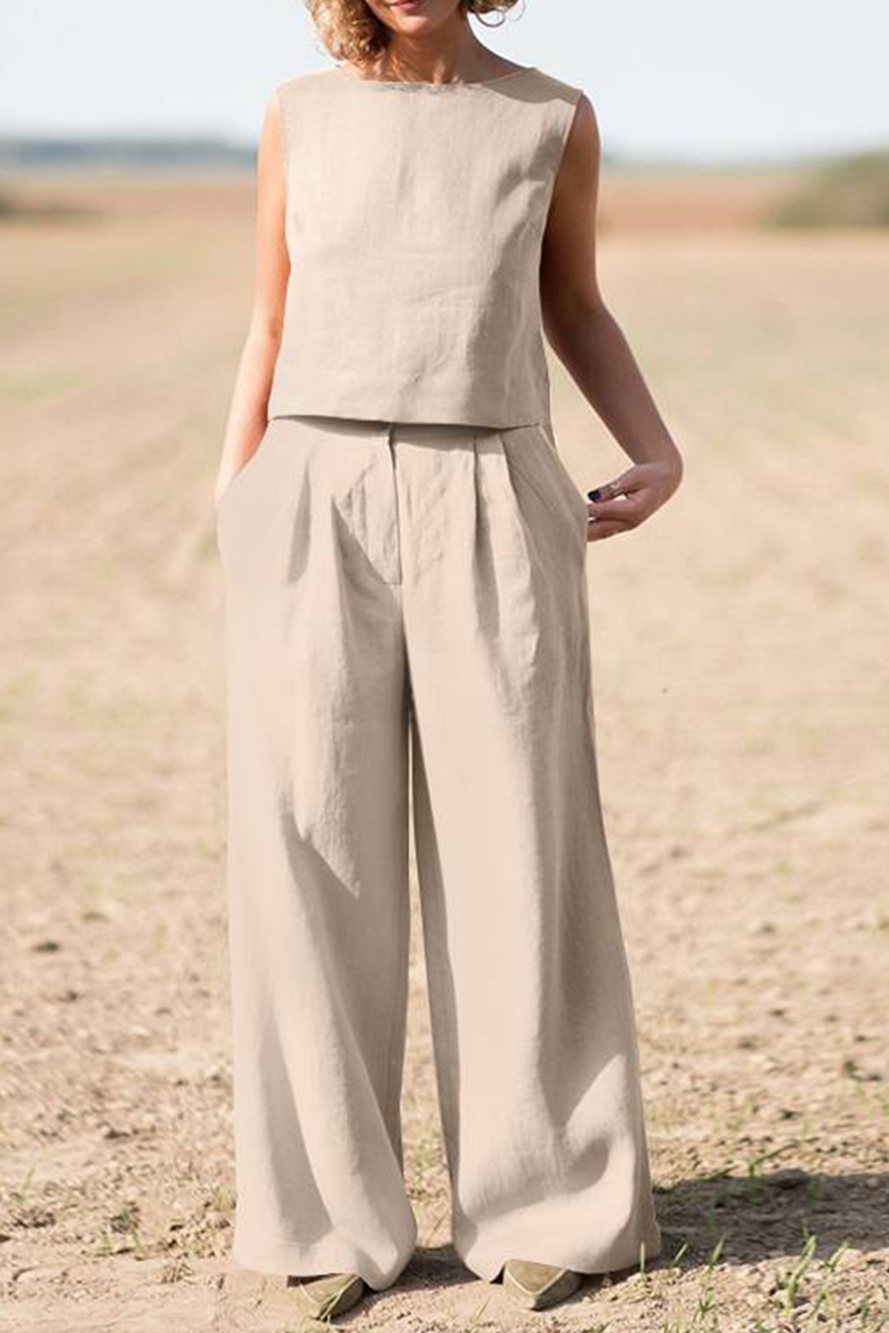 Womens casual loose round neck top + wide-leg pants set