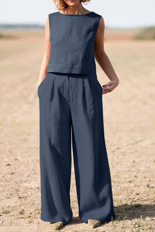 Women's Two-Piece Set - Sleeveless Crew Neck Top & High-Waisted Wide-Leg Trousers