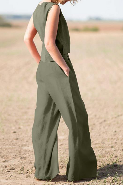 Womens casual loose round neck top + wide-leg pants set