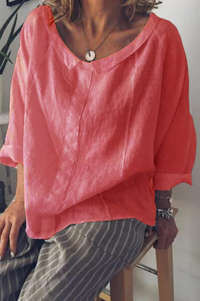 Women's Casual Top - Lightweight Cotton - Oversized Fit - Round Neck - 3/4 Sleeve