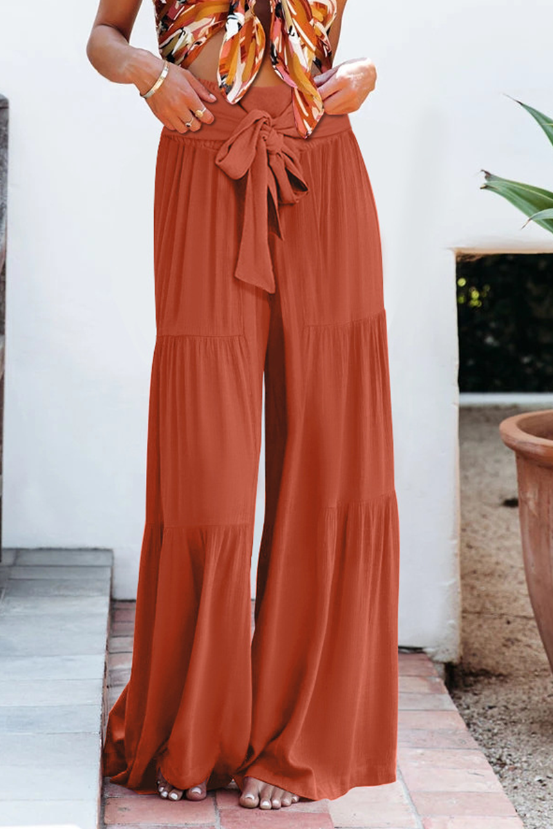 Women's plain bandage loose high waist wide leg pants