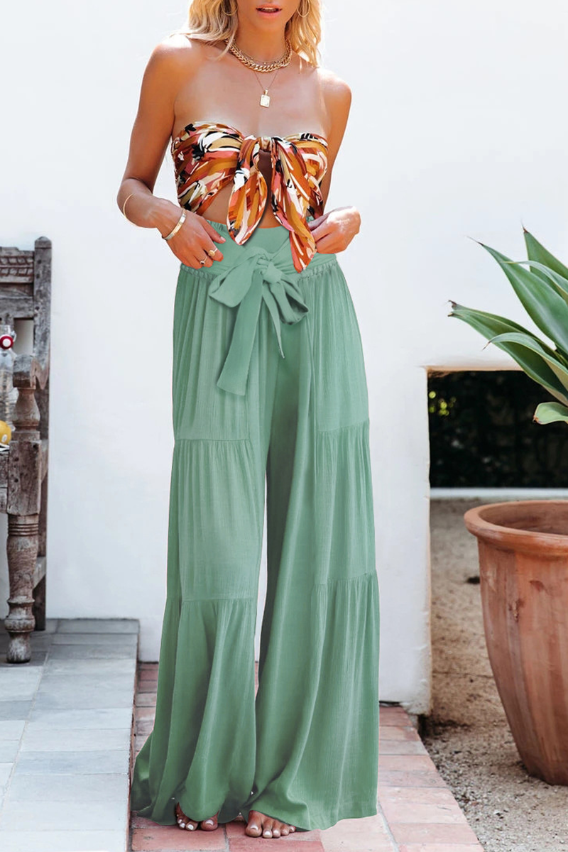 Women's plain bandage loose high waist wide leg pants