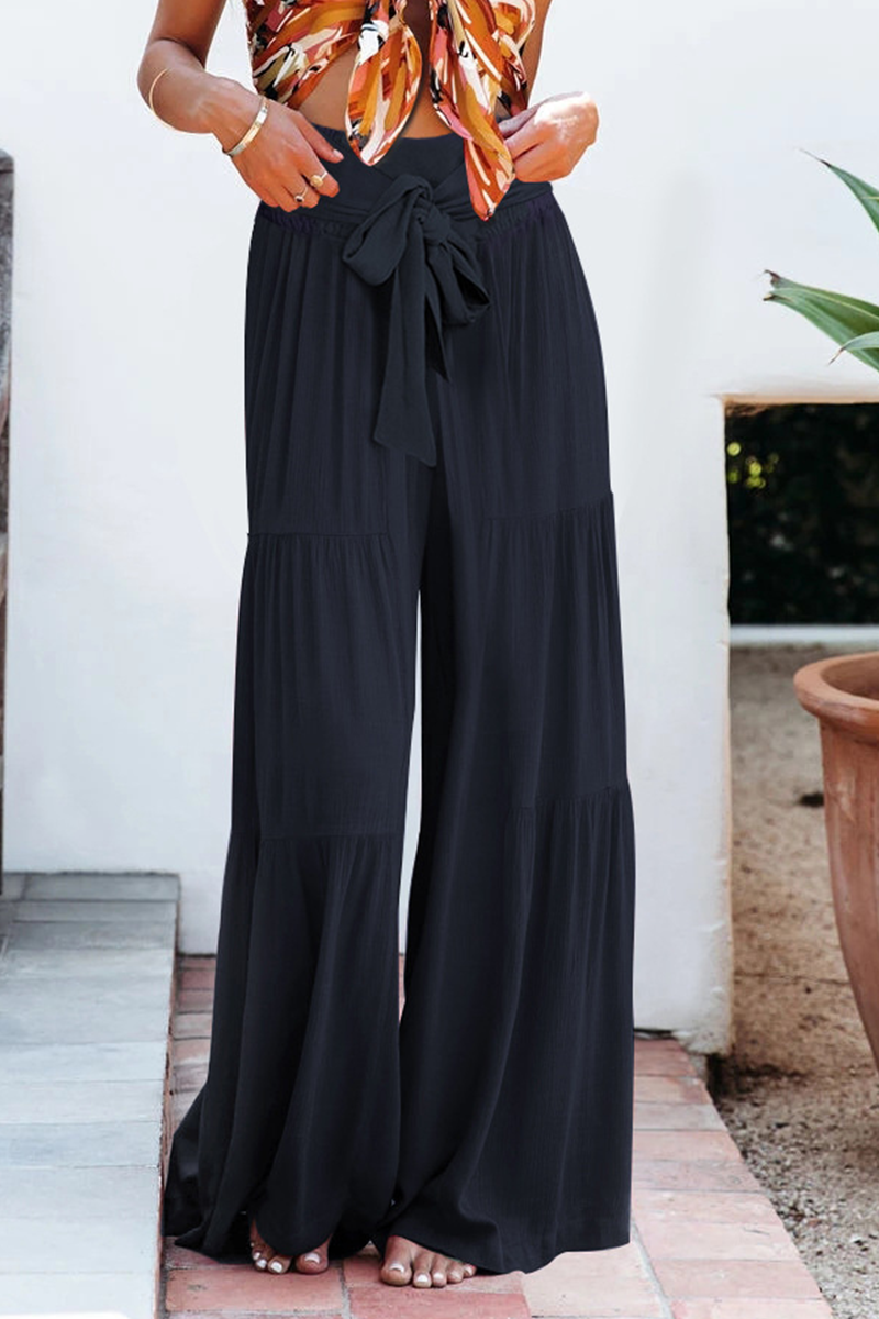 Women's plain bandage loose high waist wide leg pants