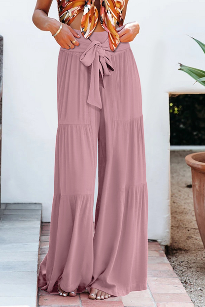 Women's plain bandage loose high waist wide leg pants