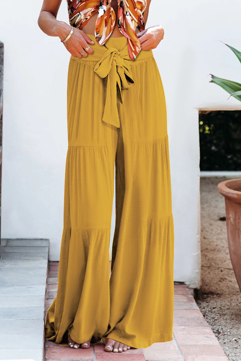 Women's plain bandage loose high waist wide leg pants