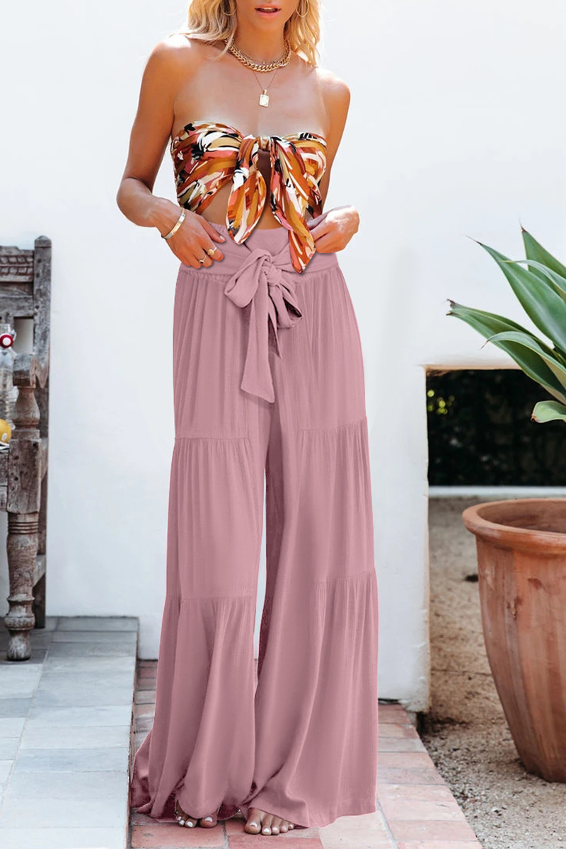 Women's plain bandage loose high waist wide leg pants