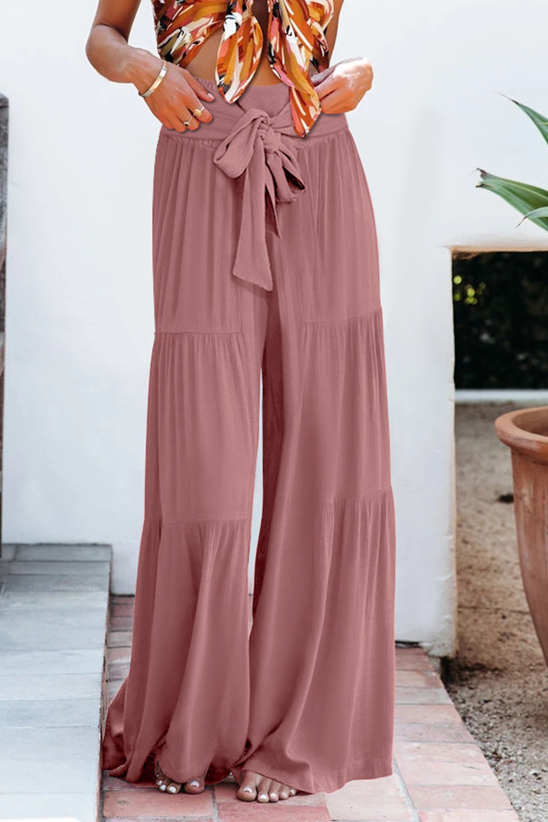 Women's plain bandage loose high waist wide leg pants