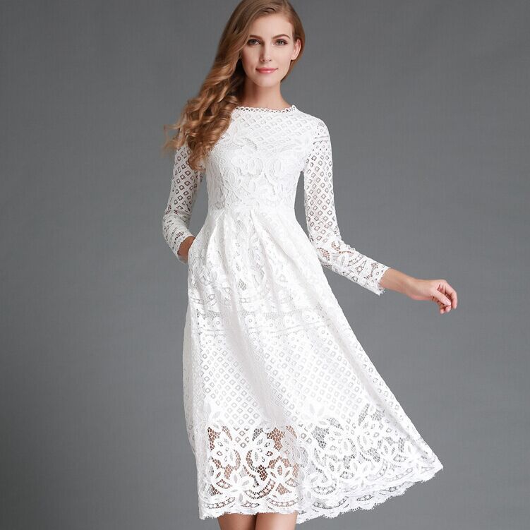 Women’s Midi Dress – Lace Floral Pattern – Sheer Long Sleeve – A-Line Fit